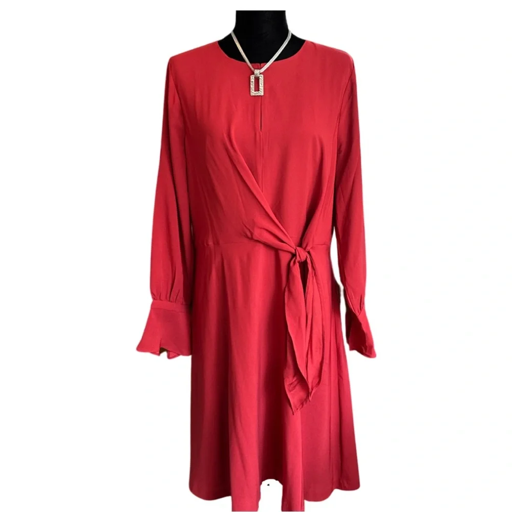 NWT ANN TAYLOR Keyhole Tie Front Flare Dress | Zesty Red - Picture 5 of 9